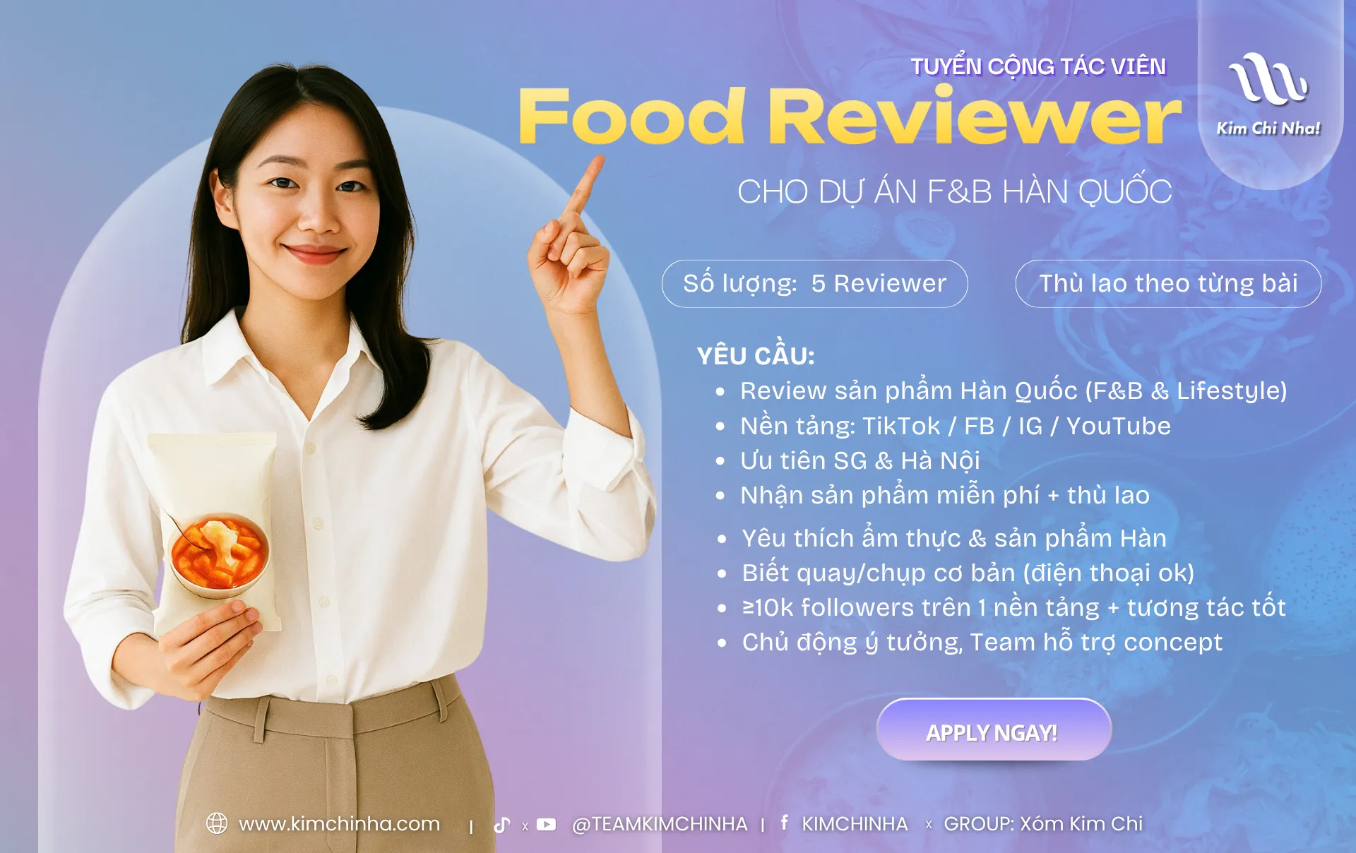 Kim Chi Nha tìm cộng tác viên Reviewer cho dự án review sản phẩm Hàn Quốc