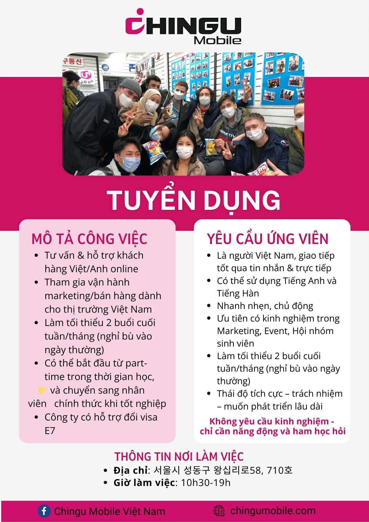CHINGU MOBILE – TUYỂN DỤNG PART-TIME / FULL-TIME (CÓ CƠ HỘI ĐỔI VISA E7)