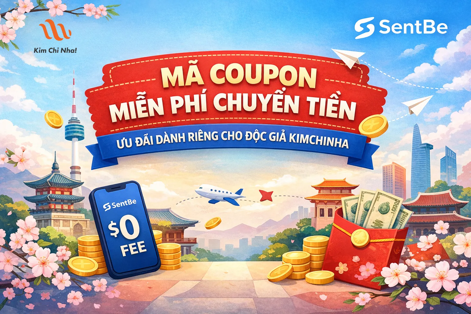 Mã coupon miễn phí chuyển tiền SentBe - Ưu đãi dành riêng cho độc giả KimChiNha MỖI THÁNG