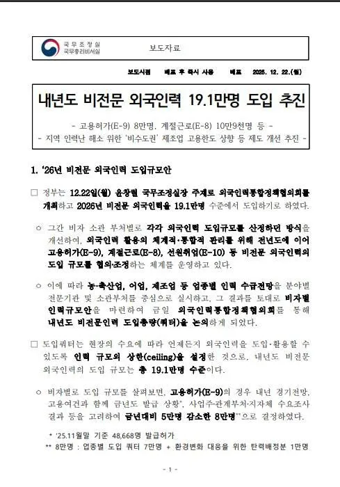 Hàn Quốc công bố chỉ tiêu 191.000 lao động nước ngoài năm 2026: Điều chỉnh mạnh visa E-9, tăng E-8