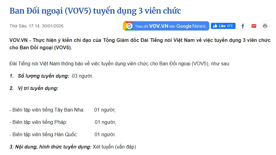 [HÀ NỘI] ĐÀI TIẾNG NÓI VIỆT NAM (VOV) TUYỂN DỤNG BIÊN TẬP VIÊN TIẾNG HÀN – CƠ HỘI LÀM VIỆC TẠI CƠ QUAN BÁO CHÍ QUỐC GIA