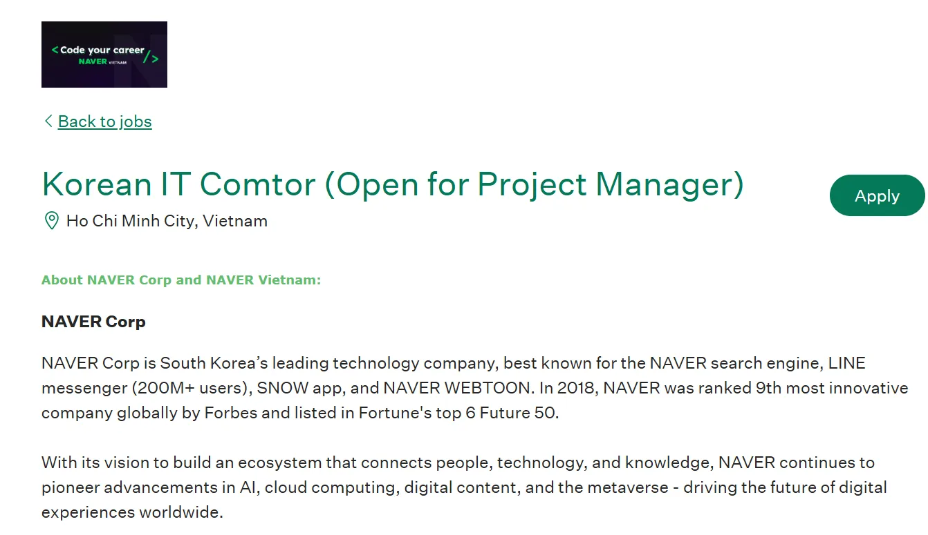 Naver Tuyển dụng nhân sự Korean IT Comtor tại tập đoàn NAVER Vietnam chi nhánh TP. Hồ Chí Minh