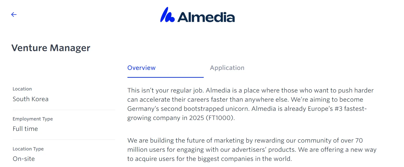 Kỳ lân công nghệ Almedia tuyển dụng Venture Manager làm việc tại văn phòng Seoul