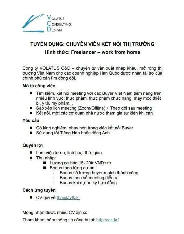 TUYỂN DỤNG: CHUYÊN VIÊN KẾT NỐI THỊ TRƯỜNG (FREELANCER – WORK FROM HOME)