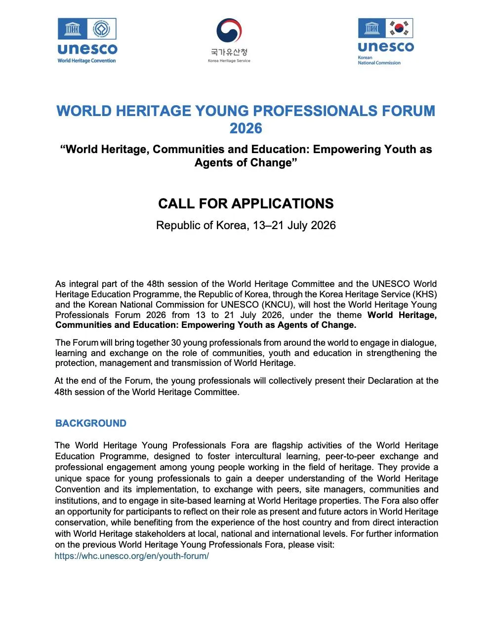 Học bổng toàn phần tham dự World Heritage Young Professionals Forum 2026 tại Hàn Quốc chính thức mở đơn