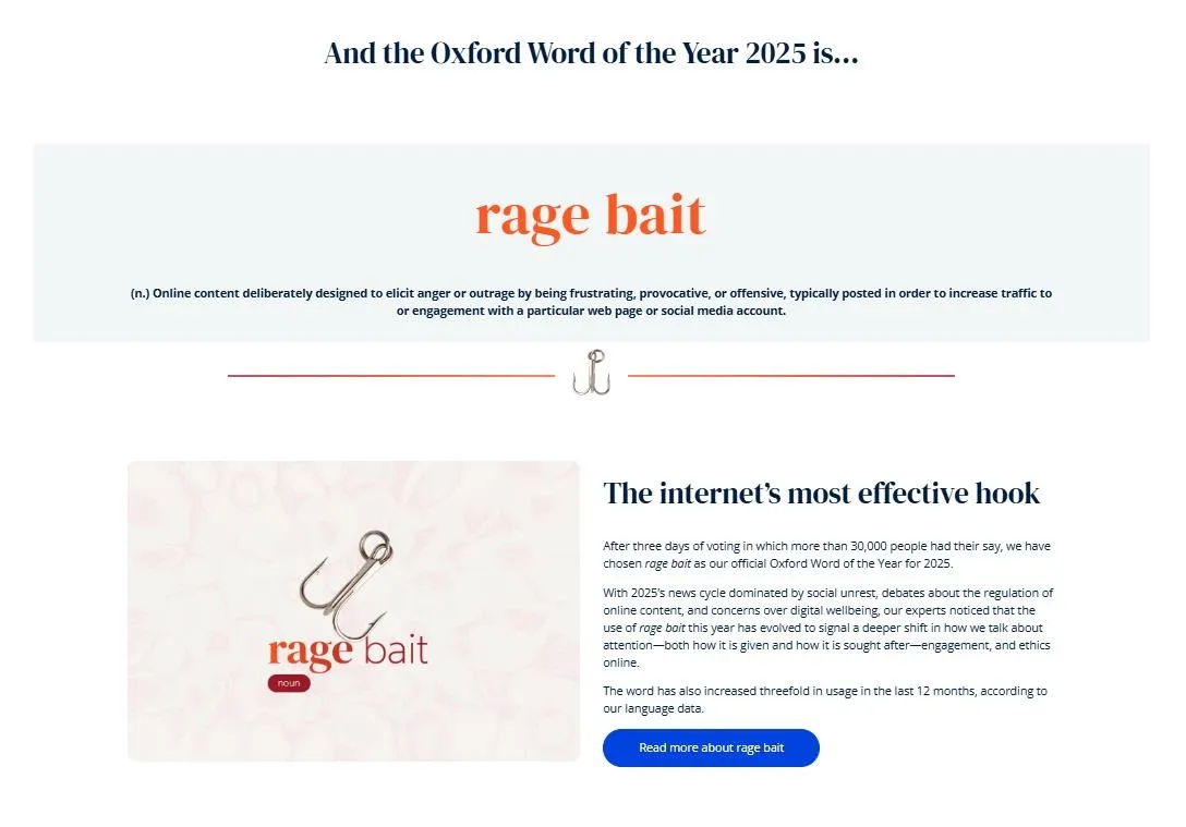 Oxford chọn từ của năm 2025 là rage bait -  “Mồi câu cơn giận” 