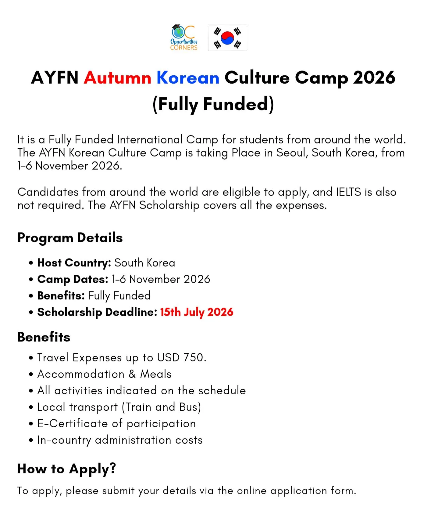 Trại Văn Hóa Hàn Quốc Mùa Thu AYFN 2026 Tại Seoul Chính Thức Mở Đơn Học Bổng Toàn Phần