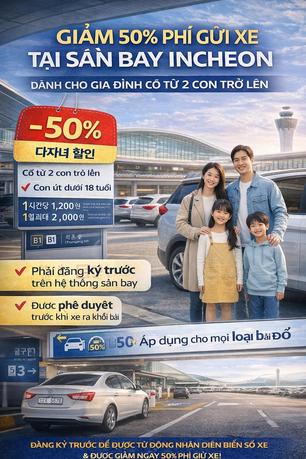 Hướng dẫn đăng ký giảm 50% tiền gửi xe sân bay Incheon cho gia đình nhiều con tại Dajanyeo