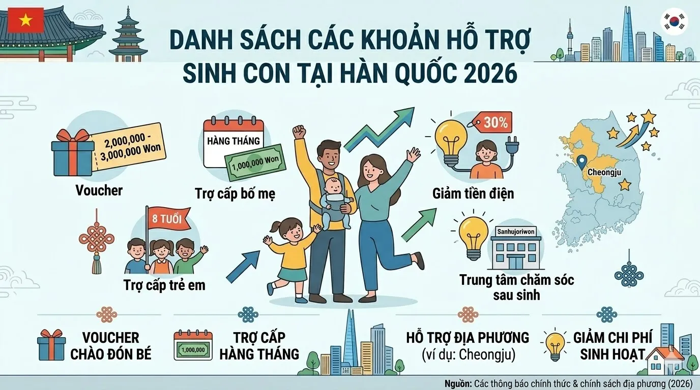 Tổng hợp các khoản trợ cấp sinh con tại Hàn Quốc năm 2026: Bố mẹ đừng bỏ lỡ hàng chục triệu Won!