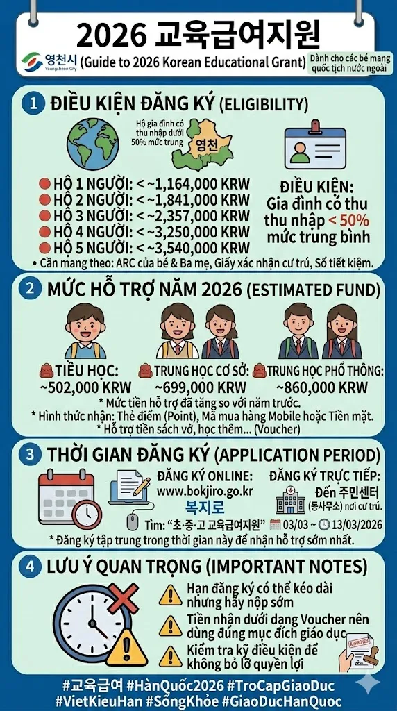 HƯỚNG DẪN NHẬN TRỢ CẤP GIÁO DỤC HÀN QUỐC 2026 (교육급여) – MỨC HỖ TRỢ TĂNG CAO