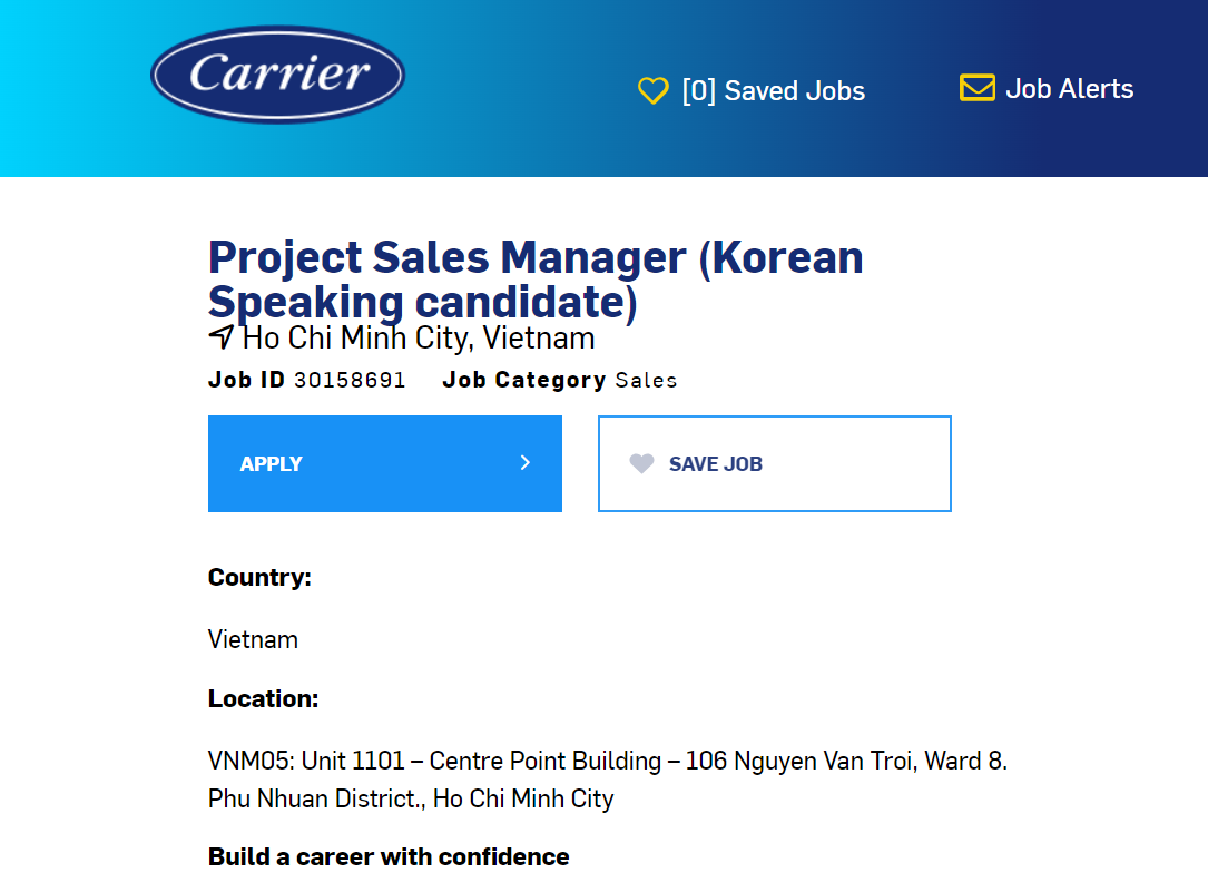 Carrier Global Corporation - Tuyển dụng Chuyên viên phát triển kinh doanh biết tiếng Hàn