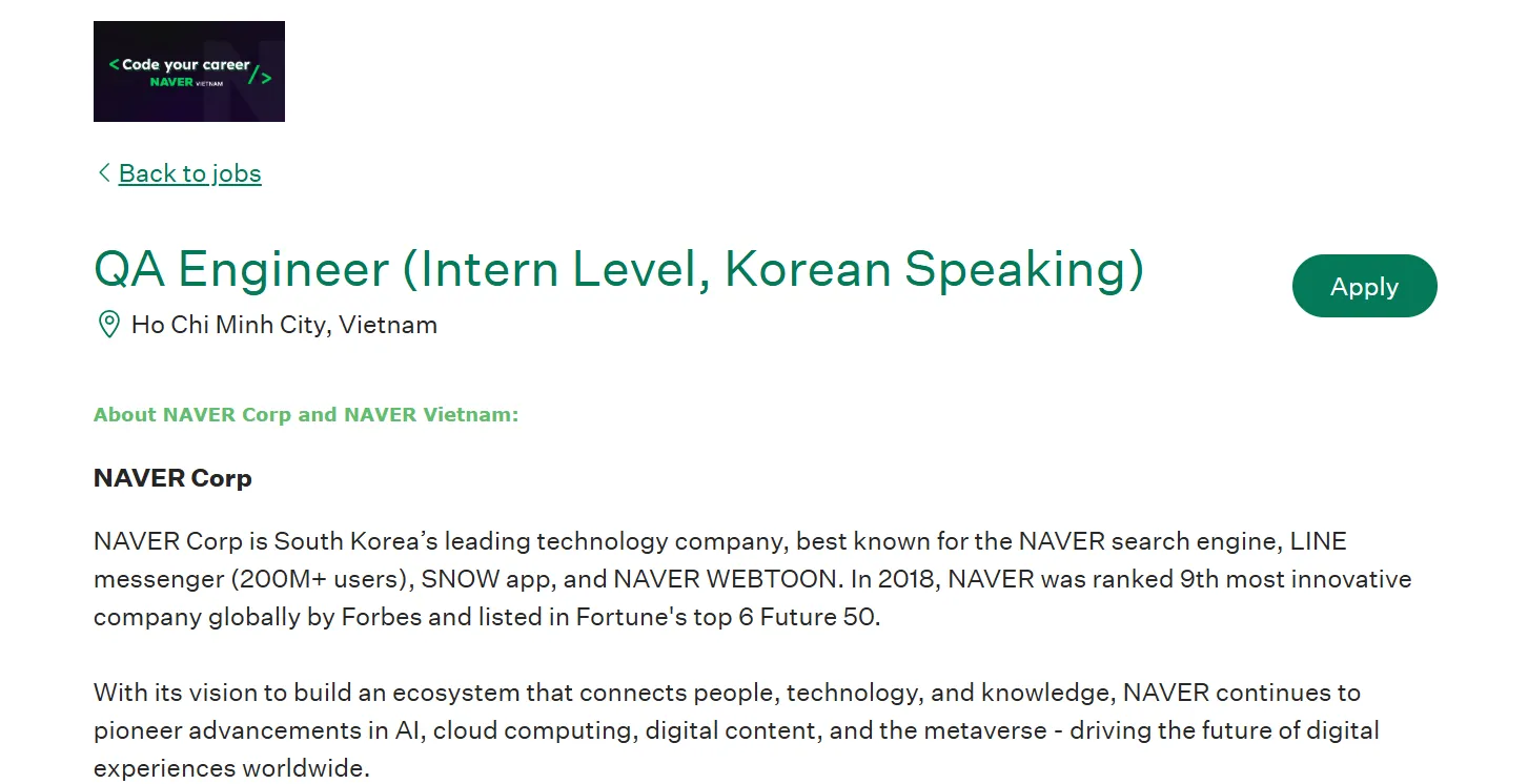 NAVER VIỆT NAM tuyển thực tập sinh - Sài Gòn