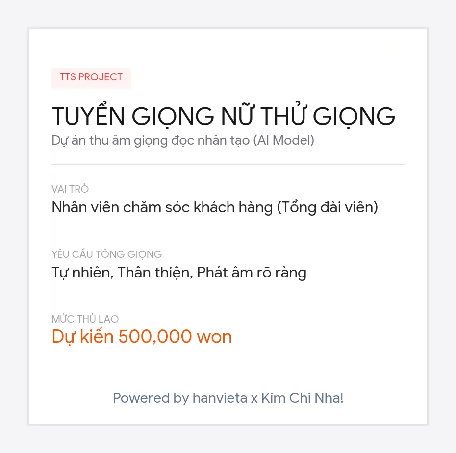 Tuyển cộng tác viên ghi âm Tiếng Việt (Giọng Nữ) làm mô hình học máy TTS