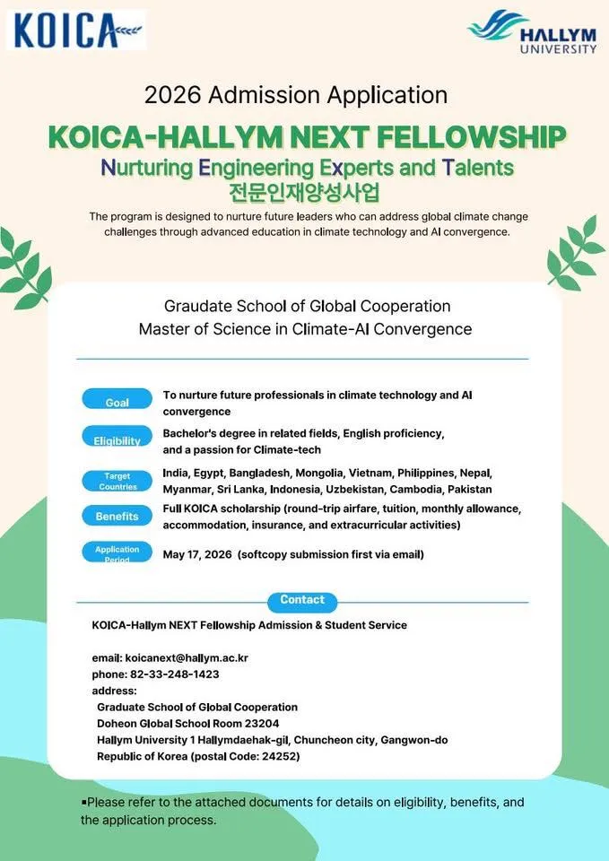 Học Bổng KOICA Hallym 2026 Ngành Climate AI Tại Hàn Quốc Dành Cho Sinh Viên Việt Nam Hệ Thạc Sĩ
